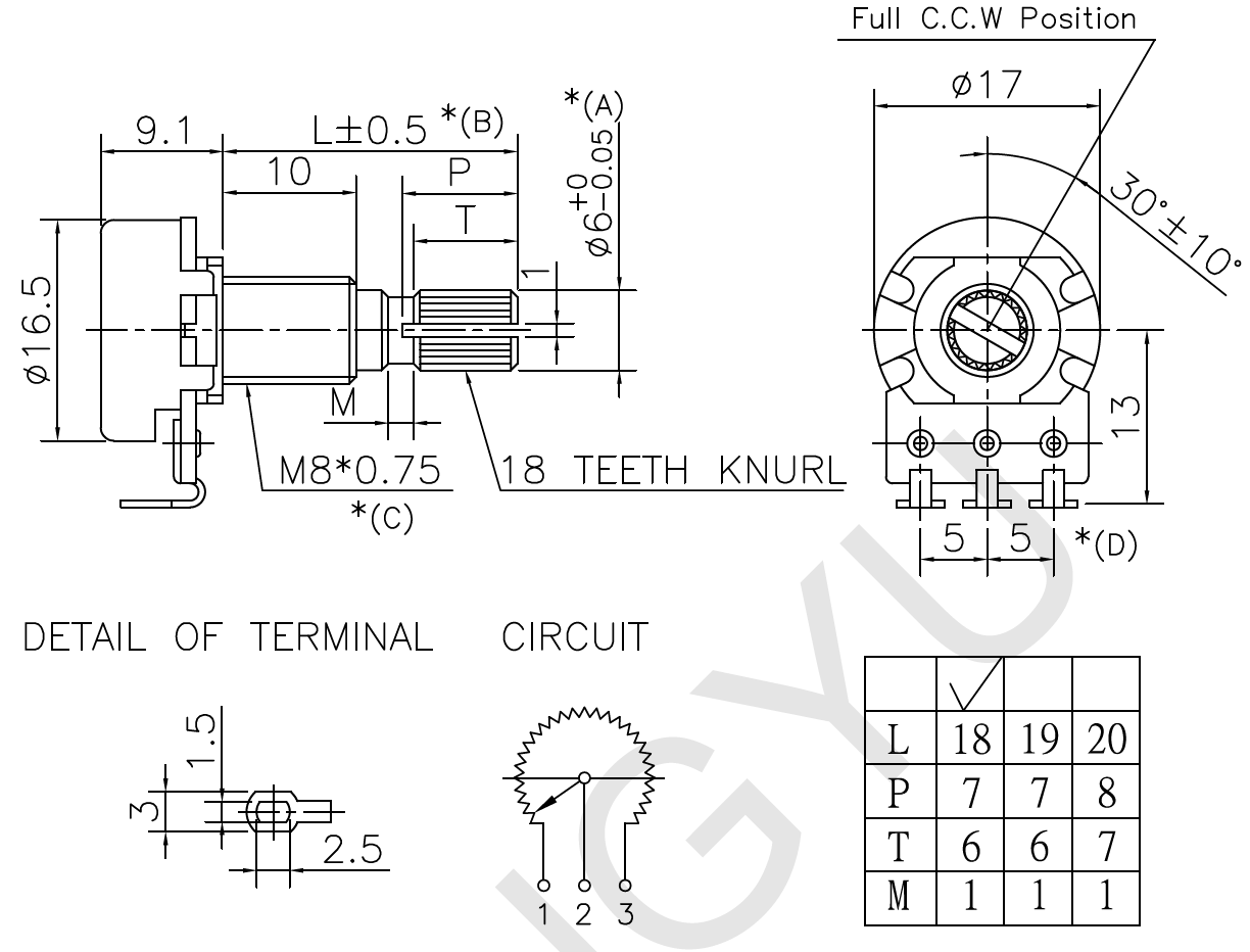 LHZ-B100K EQ Potentiometers, 100k Linear, Center Detent, 17mm (I pair)