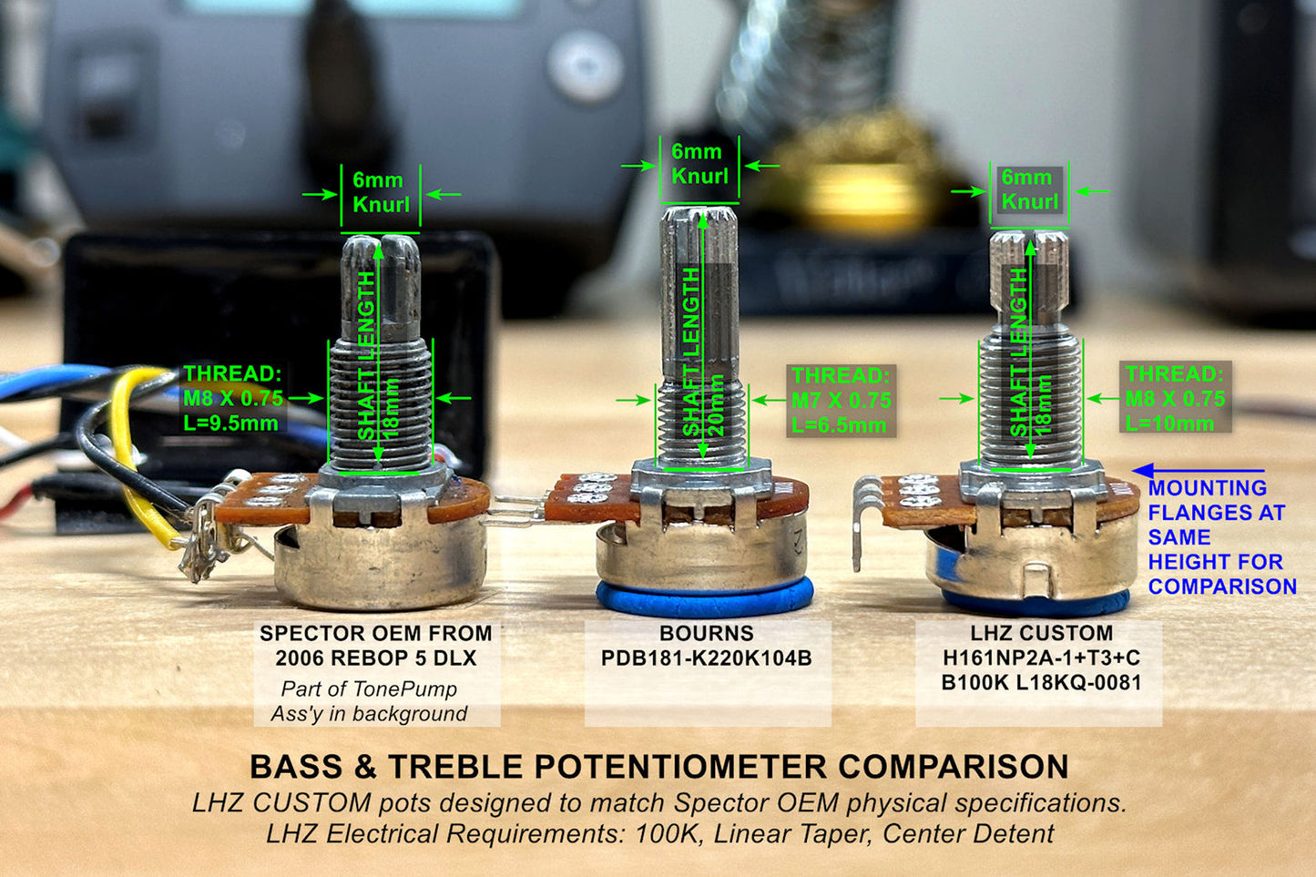 LHZ-B100K EQ Potentiometers, 100k Linear, Center Detent, 17mm (I pair)