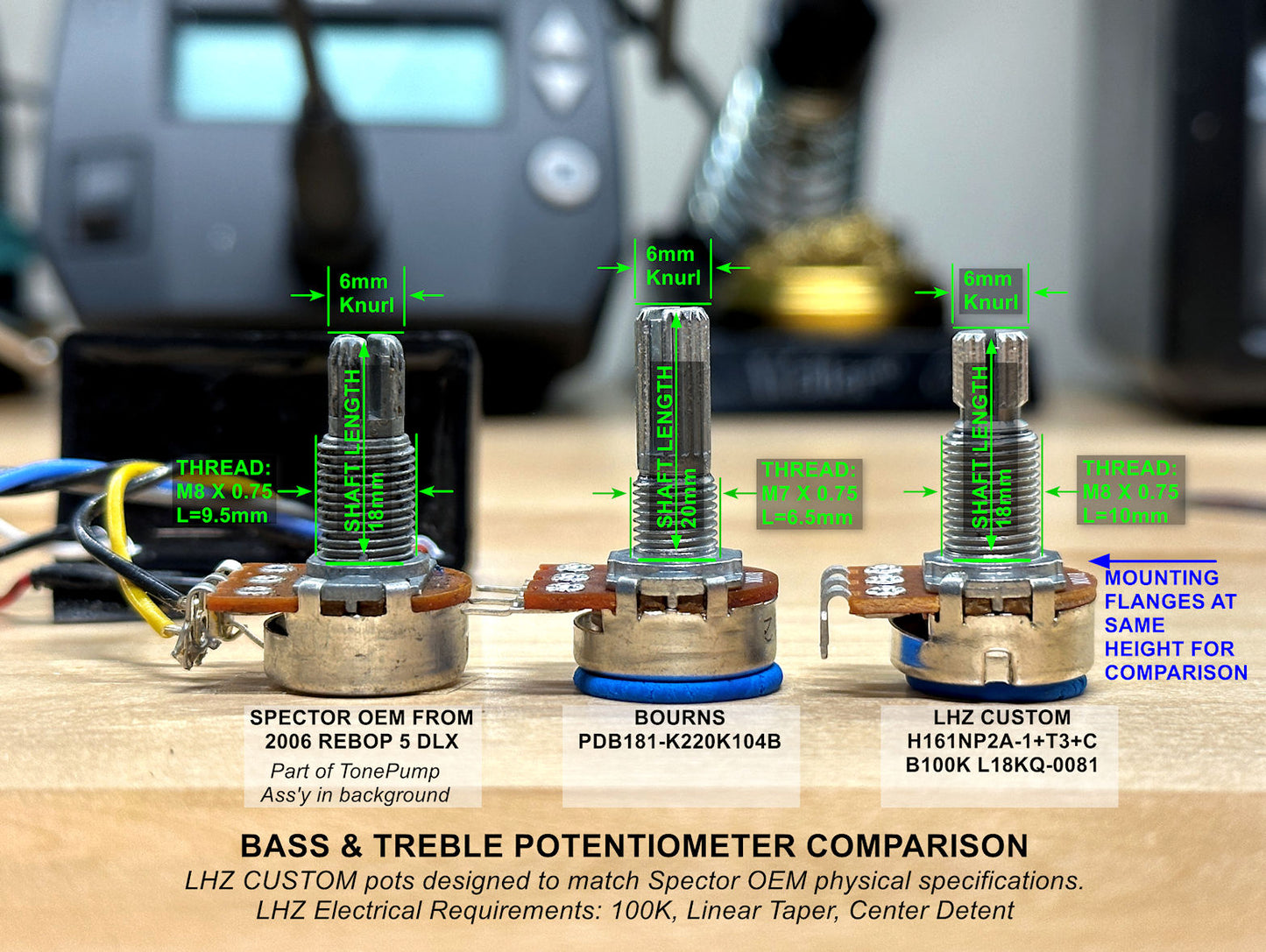 LHZ-B100K EQ Potentiometers, 100k Linear, Center Detent, 17mm (I pair)